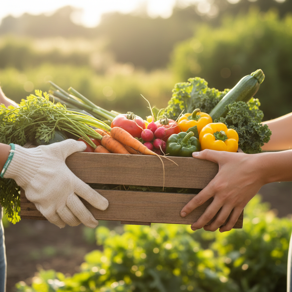 Moment przekazywania drewnianej skrzyni ze świeżymi warzywami.