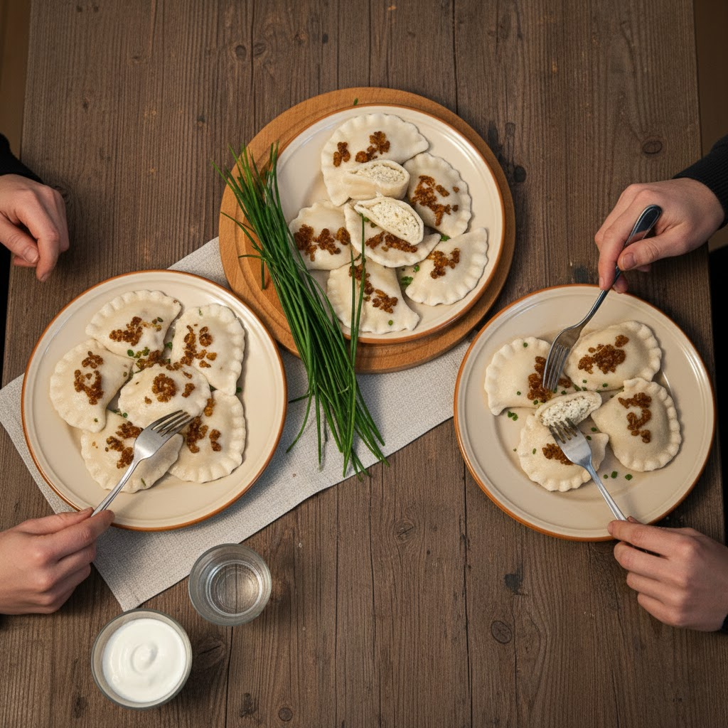 Widok z góry na dwie osoby jedzące pierogi ruskie przy drewnianym stole. Sielski klimat.