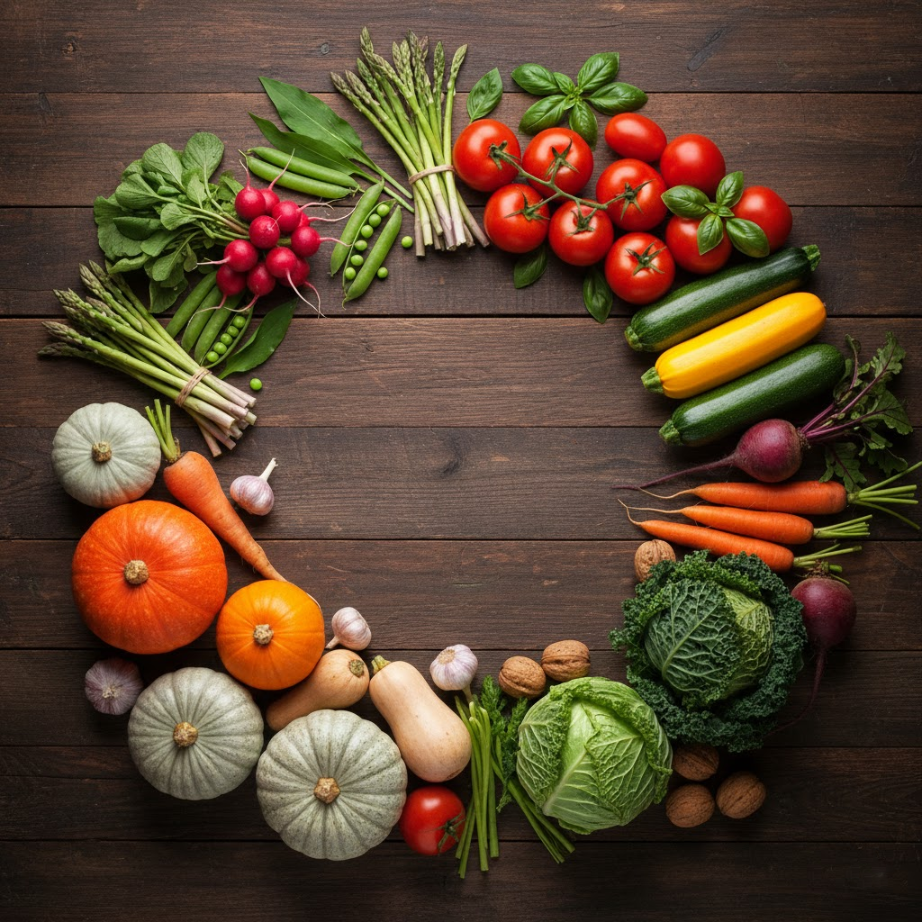 Produkty spożywcze ułożone w koło, które dzieli je na pory roku.